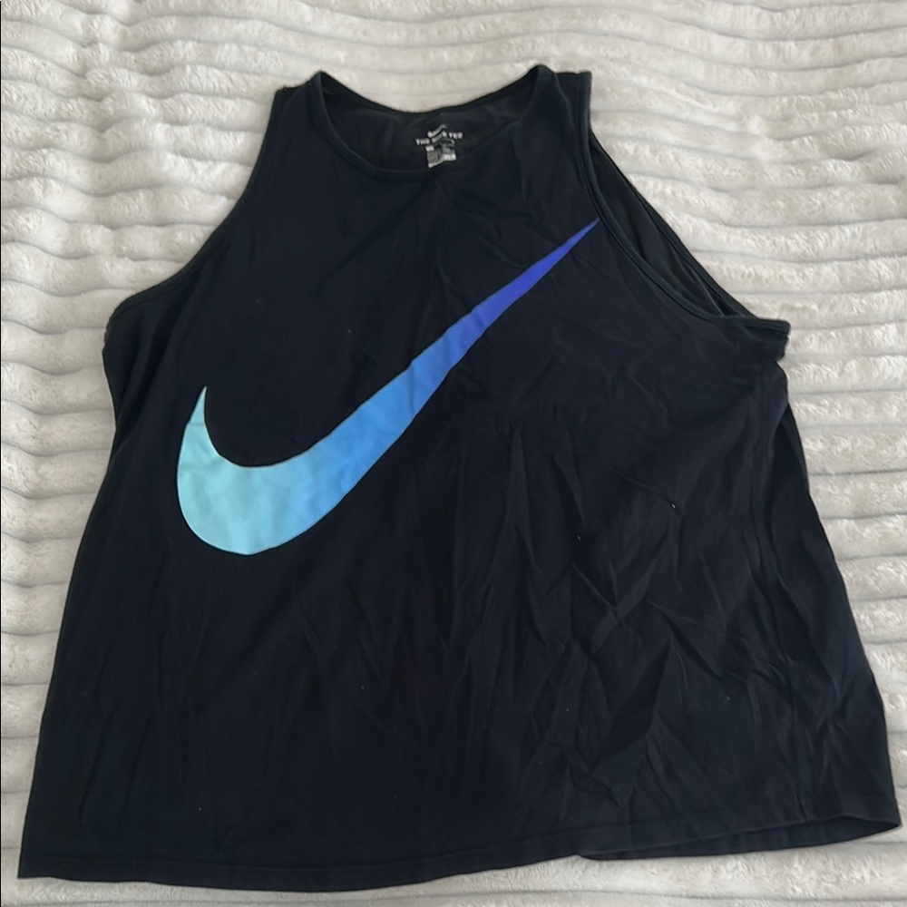 Nike Black and Blue Sleeveless Crop Muscle Tee